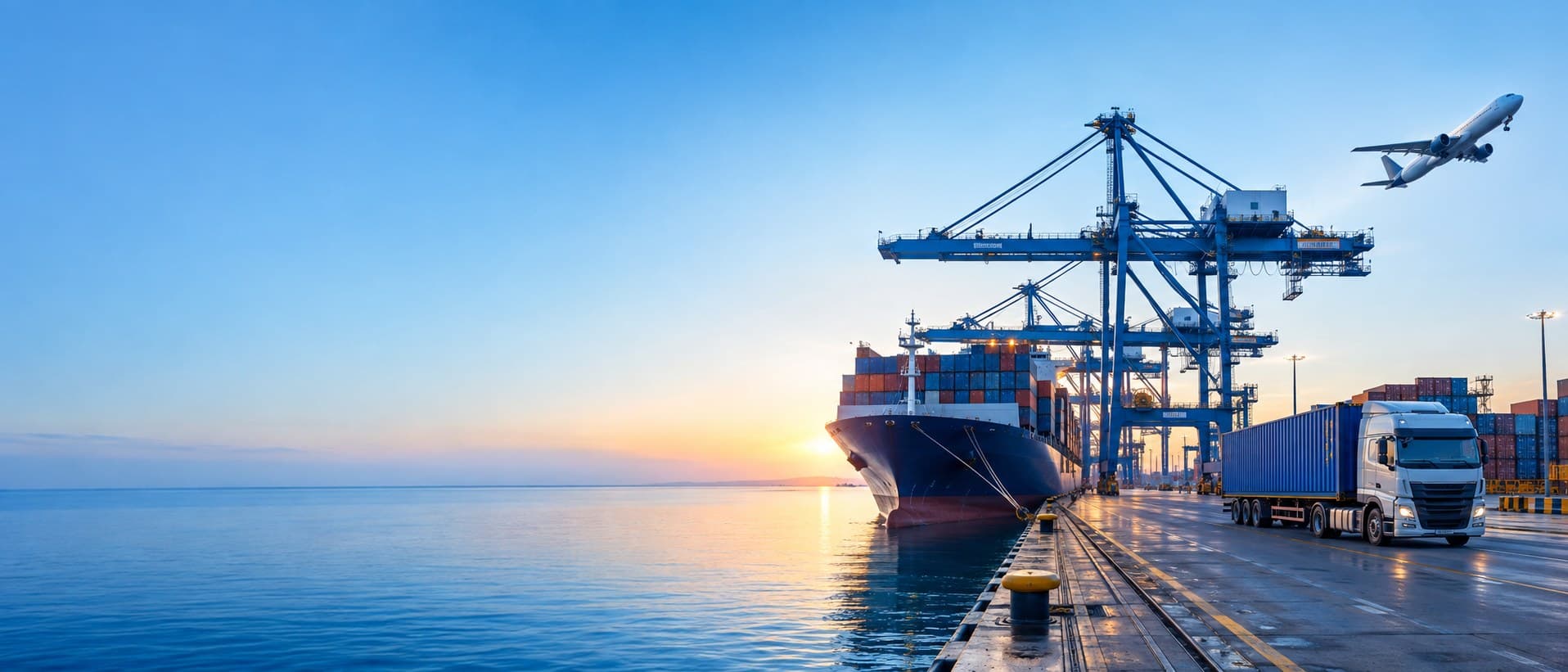 Porte-conteneurs, avion cargo et camion dans un port